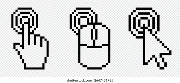Pixel cursor pointer icons set. Computer mouse click arrow and hand. Pixel hand arrow logo vector isolated on transparent background.
