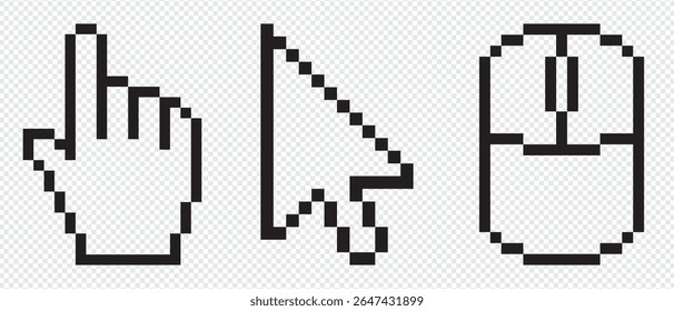 Pixel cursor pointer icons set. Computer mouse click arrow and hand. Pixel hand arrow logo vector isolated on transparent background.
