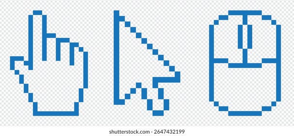 Pixel cursor pointer icons set. Computer mouse click arrow and hand. Pixel hand arrow logo vector isolated on transparent background.
