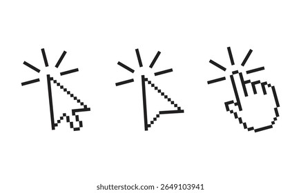 Pixel cursor pointer icons set. Computer mouse click arrow and hand. Pixel hand arrow logo isolated. Vector illustration