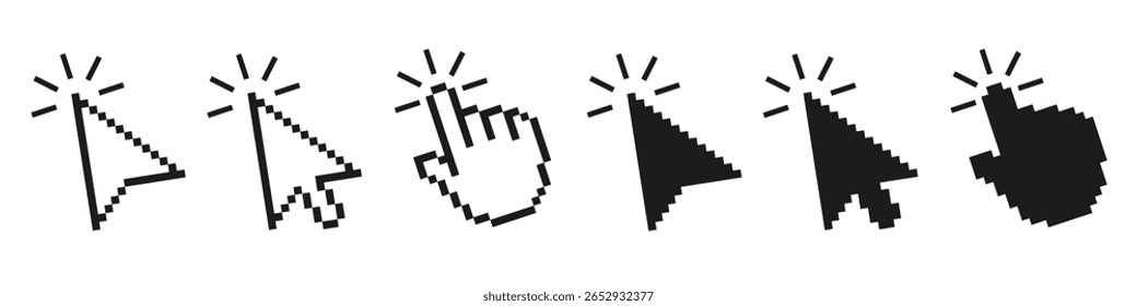Ícones de ponteiro de pixel definidos. Clique na seta e na mão do mouse do computador. Vetor de logotipo de seta de mão de pixel isolado - para estoque
