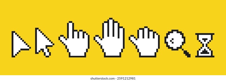 Pixel cursor pointers. Set of 8 bit computer mouse cursor pointers. Pointer hand, hourglass, arrows, magnifier.