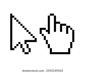 Pixel cursor pointers. Set of 8 bit computer mouse cursor pointers, arrow, hand.