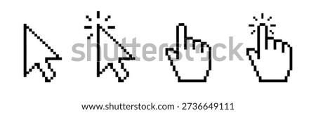 Pixel cursor set. Mouse click, arrow cursor pointer collection.
