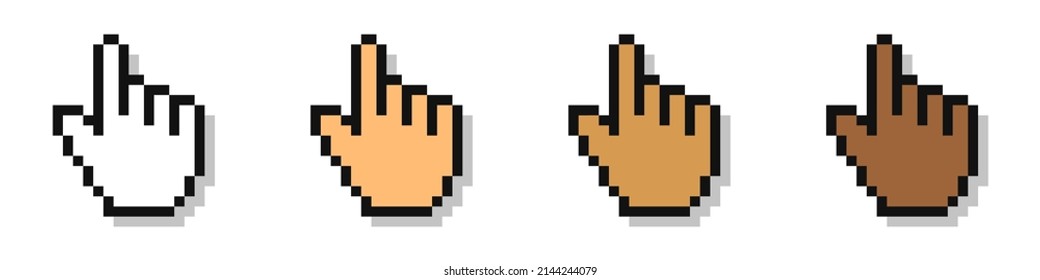 Pixel cursors. Cursor hand pointers. Computer mouse. 8-bit. Video game style. Vector illustration