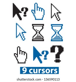 pixel cursors, hand, click, search, direction, update, select isolated flat icons, signs, symbols illustrations, images, silhouettes on background, vector
