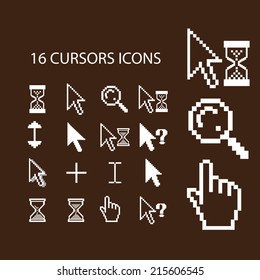 pixel cursors icons, illustrations, signs, symbols set, vector