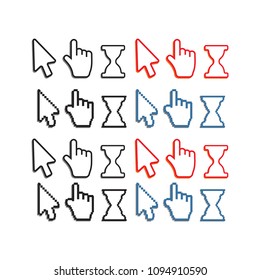 Pixel cursors icons. Mouse computer cursor. Hand arrow web curso