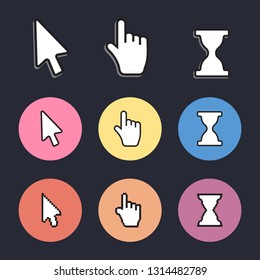 Pixel cursors icons. Mouse computer cursor. Hand arrow web cursor vector