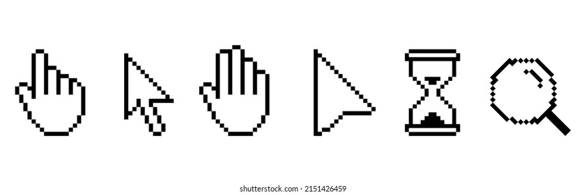 Pixel cursors icons - mouse cursor, hand pointer, hourglass. Vector illustration.