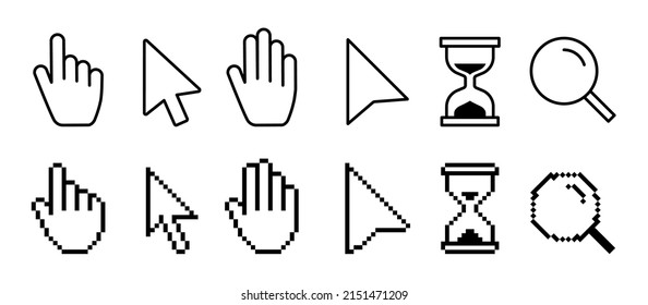 Iconos de cursores de píxeles - cursor del ratón, puntero de la mano, vidrio de la ventana. Ilustración vectorial.