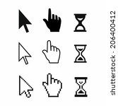 Pixel cursors icons: mouse hand arrow hourglass. Vector Illstration