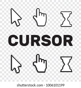 Pixel Cursors Icons Mouse Hand Arrow. Mouse Computer Cursor. Hand Arrow Web Cursor Set