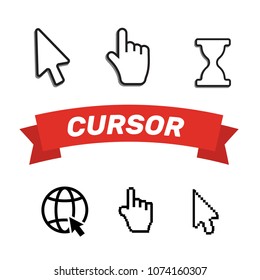 Pixel cursors icons mouse hand arrow. Mouse computer cursor. Hand arrow web cursor set