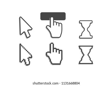 Pixel cursors icons mouse hand arrow. Mouse computer cursor. Hand arrow web cursor set