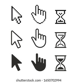 Pixel cursors icons: mouse hand arrow hourglass. Vector Illustration