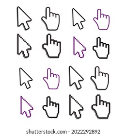 Pixel cursors icons mouse hand arrow. Mouse computer cursor. Hand arrow web cursor set