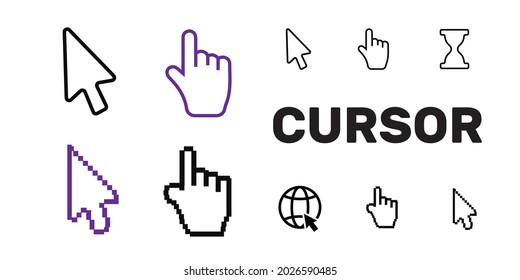 Pixel cursors icons mouse hand arrow. Mouse computer cursor. Hand arrow web cursor set
