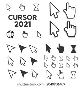 Pixel cursors icons mouse hand arrow. Mouse computer cursor. Hand arrow web cursor set
