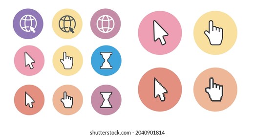 Pixel cursors icons mouse hand arrow. Mouse computer cursor. Hand arrow web cursor set