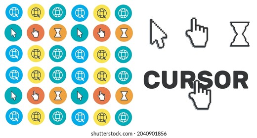 Pixel cursors icons mouse hand arrow. Mouse computer cursor. Hand arrow web cursor set