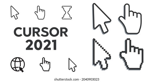 Pixel cursors icons mouse hand arrow. Mouse computer cursor. Hand arrow web cursor set