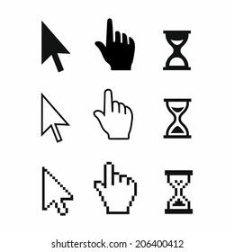 Pixel cursors icons: mouse hand arrow hourglass. Vector Illstration