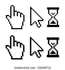 Pixel cursors icons: mouse hand arrow hourglass. Vector Illustration