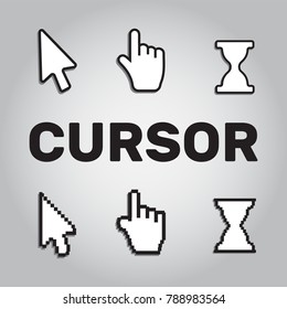 Pixel cursors icons mouse hand arrow. Mouse computer cursor. Hand arrow web cursor set