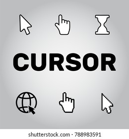 Pixel cursors icons mouse hand arrow. Mouse computer cursor. Hand arrow web cursor set