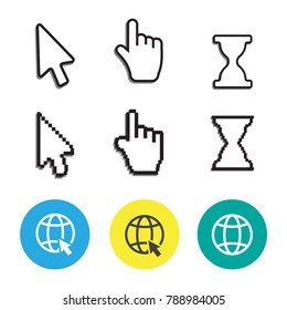 Pixel cursors icons mouse hand arrow. Mouse computer cursor. Hand arrow web cursor set