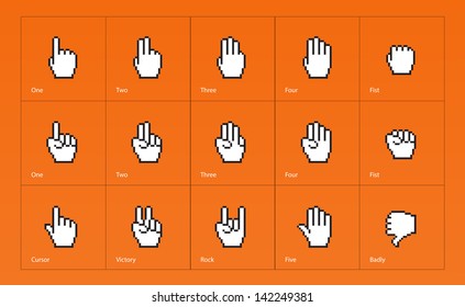 Pixel cursors icons, mouse hands on orange background. Vector illustration.
