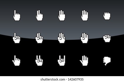 Pixel cursors icons, mouse hands on black background. Vector illustration.