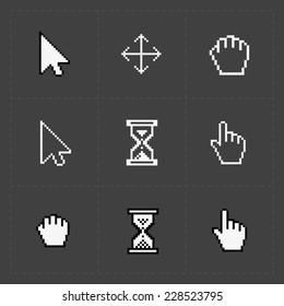 Pixel cursors icons on black.Vector Illustration.