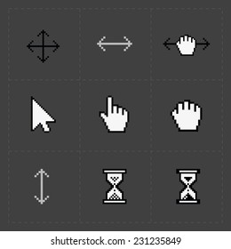 Pixel cursors icons on black.Vector Illustration.