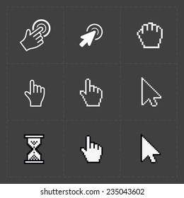 Pixel cursors icons on black.Vector Illustration.