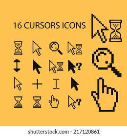 pixel cursors icons, signs, illustrations, silhouettes set, vector