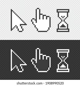 Pixel cursors icons. Vector Mouse hand arrow hourglass. Black and white illustration. EPS 10.