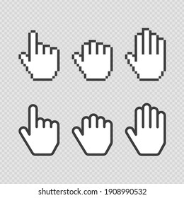 Pixel cursors icons. Vector Mouse hand symbol. Black and white illustration. EPS 10.