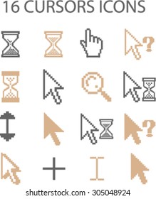 pixel cursors, interface, select, finger, hand magnifier, flat icons, signs, illustration concept, vector