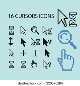 pixel cursors, modify elements, icons, signs, illustrations, silhouettes set, vector on blue background