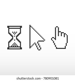 Pixel cursors mouse hand arrow. Mouse pointer, set computer cursor icon finger arrow pixel.