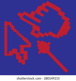 Pixel cursors red clean shiny icons - hand and arrow on blue background