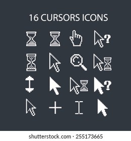 pixel cursors, select, modify, search, question, waiting flat isolated concept design icons, symbols, illustrations on background for web and applications, vector