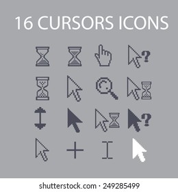 pixel cursors, select, search, question, interface icons, signs, illustrations set, vector