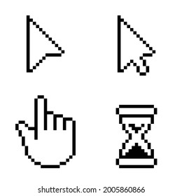 Pixel cursors vector icons, hand cursor mouse pointer hourglass.