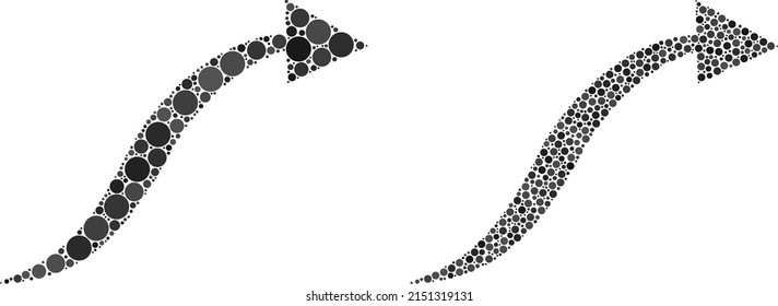 Icono de flecha de curva de píxeles. Icono de flecha de curva de color construido a partir de partes de círculo en tamaños aleatorios y sombras de color. Las partes esféricas vectoriales se unen en el icono de flecha de curva de collage.