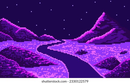 Pixel curve road in night hilly desert background. Wnding synthwave highway 8bit neon valley with starry sky with purple road and vector hills.