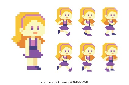 Pixel Cute Blonde Girl Character Walk Run Animation Illustration