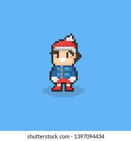 Pixel cute boy character in winter cloth with isolated background.8bit.